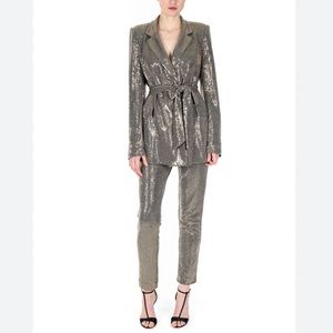 Badgley Mischka Sequin Metallic Silver Pants Suit